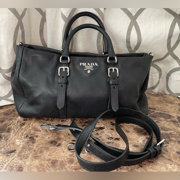Authentic PRADA Black East West two way satchel calf leather hand bag designer - Picture 1 of 16
